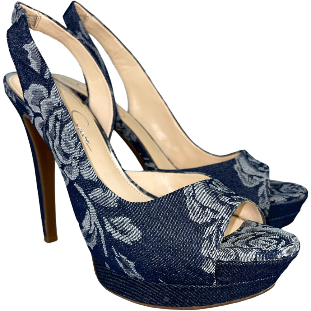 Jessica Simpson Women's Blue Denim Floral Platform Slingback Heel Size 8.5